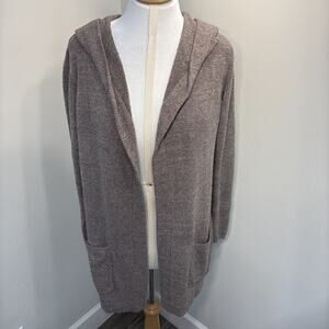 Barefoot Dreams CozyChic Lite Hooded Cardigan Taupey Gray Soft Knit Open Front M